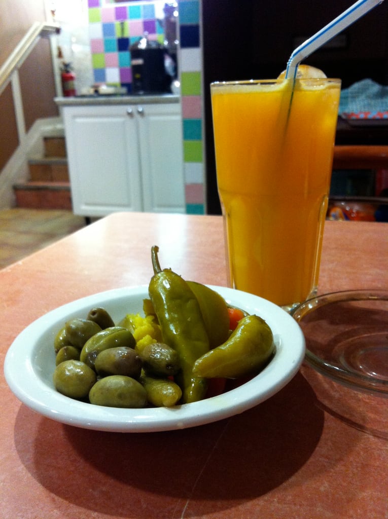 Orange juice and olives